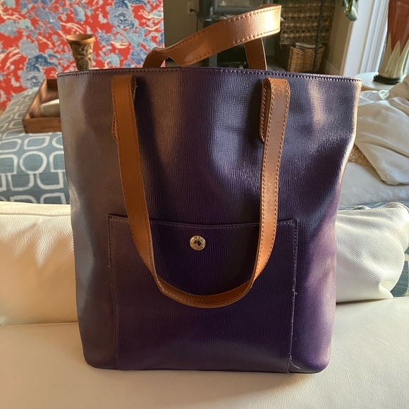 Talbots Handbags - Talbots Purple Tote Bag with Brown Tan Straps